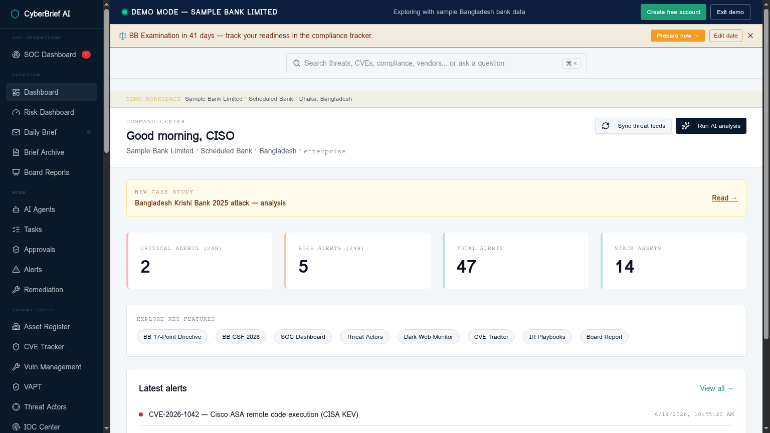 CyberBrief compliance dashboard showing critical alerts, examination countdown, and key metrics for a Bangladesh bank.